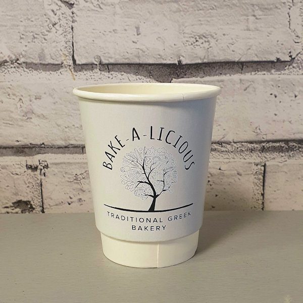 bespoke compostable recyclable takeaway coffee cup - own brand - Bake a Licious Traditional Greek Bakery